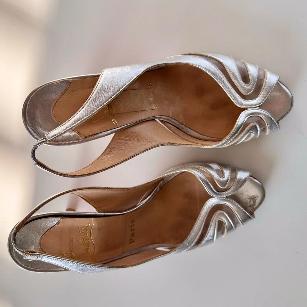 CHRISTIAN LOUBOUTIN 3” Silver Leather Slingback Sandals High Heels Women’s Shoes